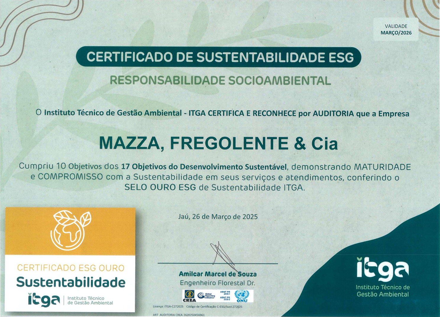Certificado de sustentabilidade da Mazza Fregolente